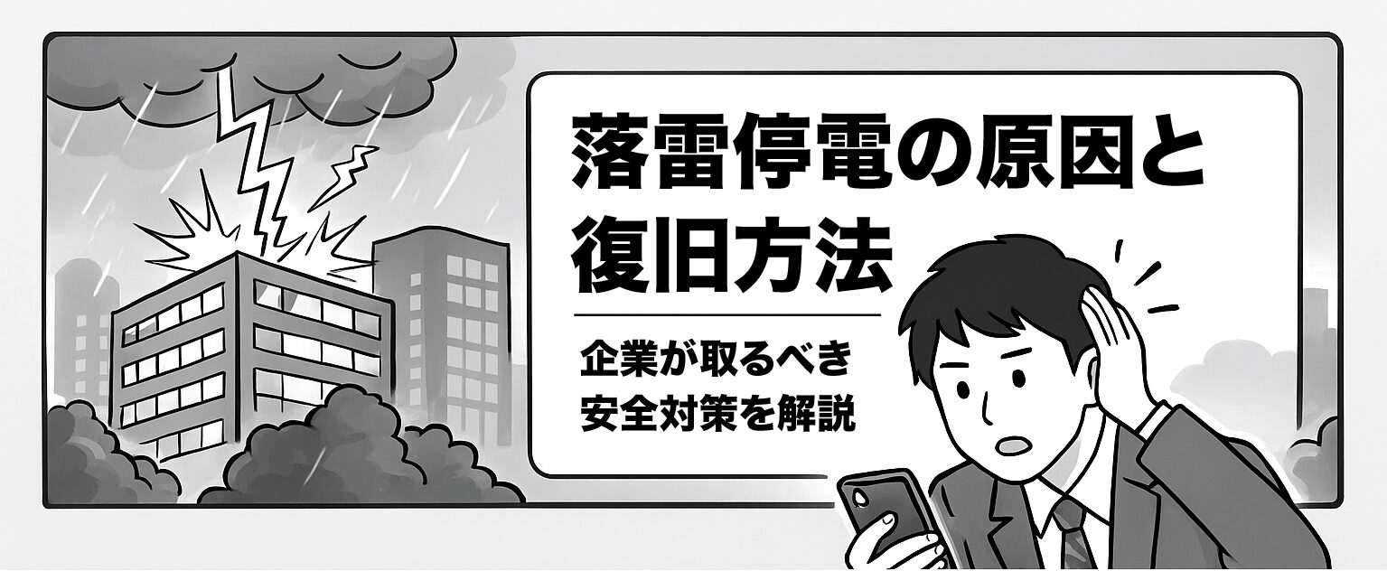 落雷停電の復旧方法｜ビルと男性のイラスト