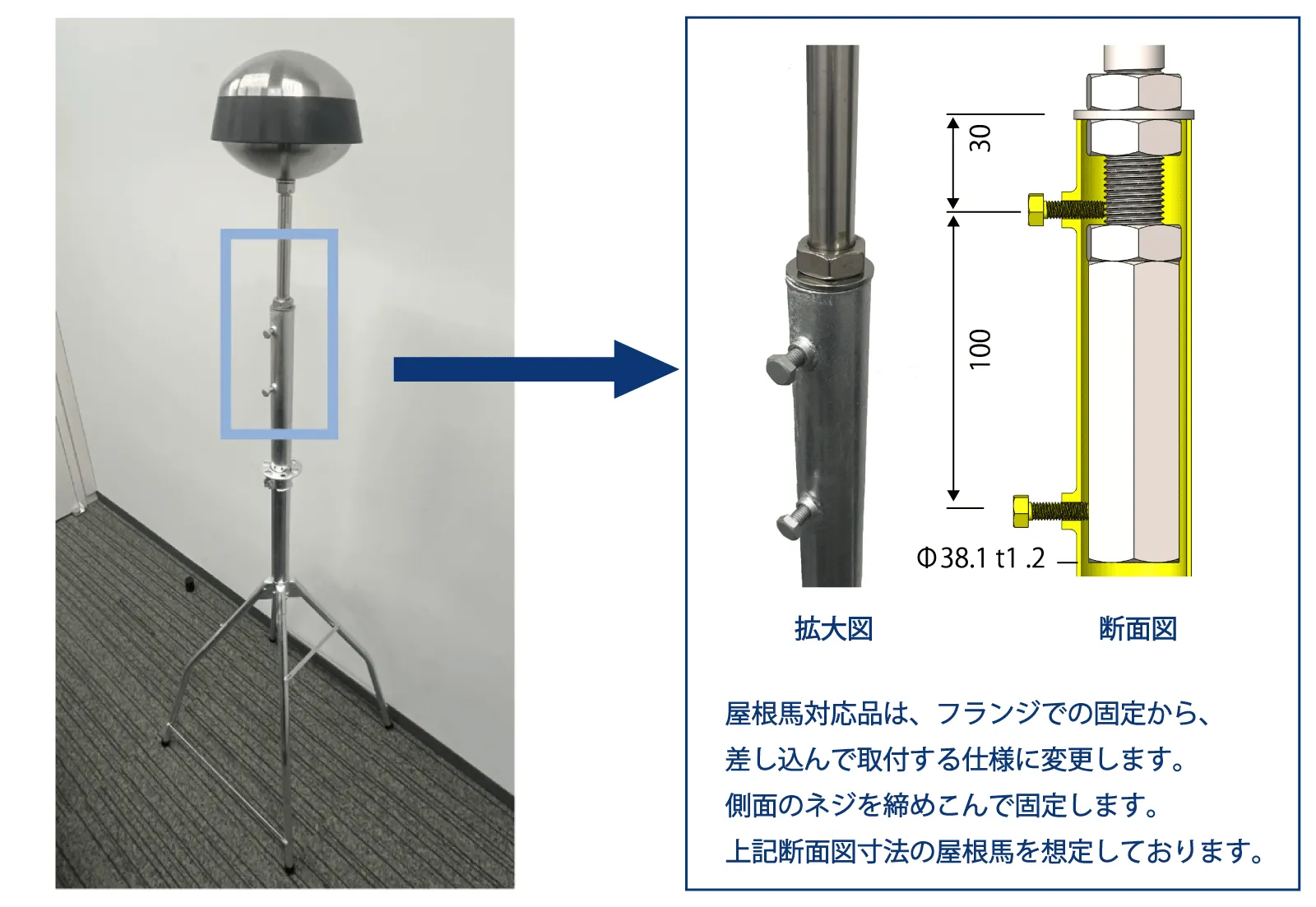 屋根馬対応金具の拡大図+断面図(寸法入り)